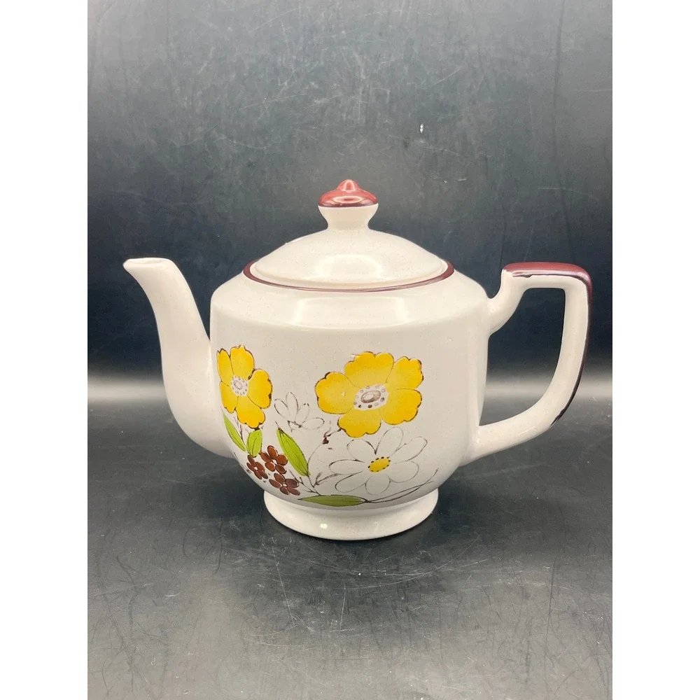 Vtg JMP Casualstone Japan Stoneware‎ Teapot Decorated Floral Daisy Retro 1970s
